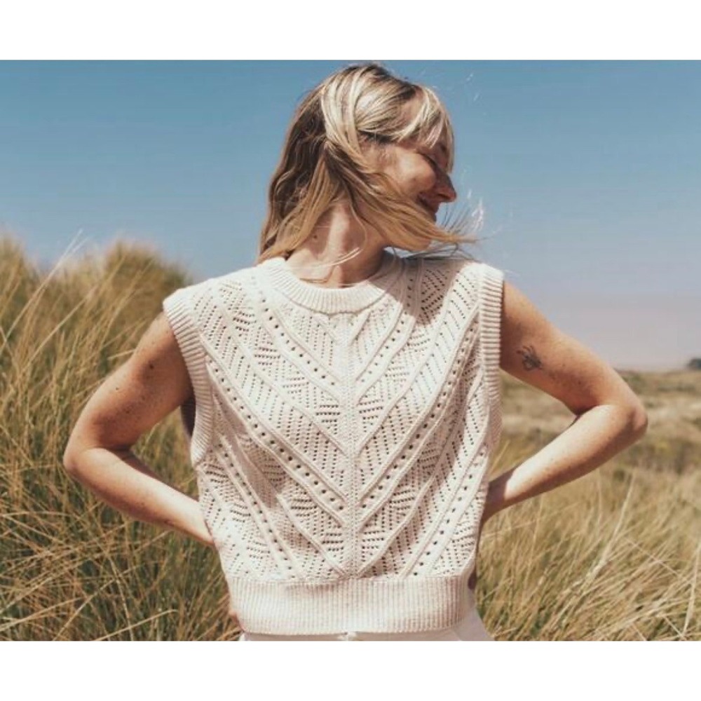 Marine Layer Cream Pointelle Knit Sweater Vest Chevron Cotton Merino Wool Medium